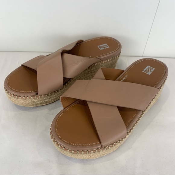 FitFlop Eloise sz 8.5 Espadrille Leather Wedge Cross Slides Beige Buff Shoes - Picture 4 of 11